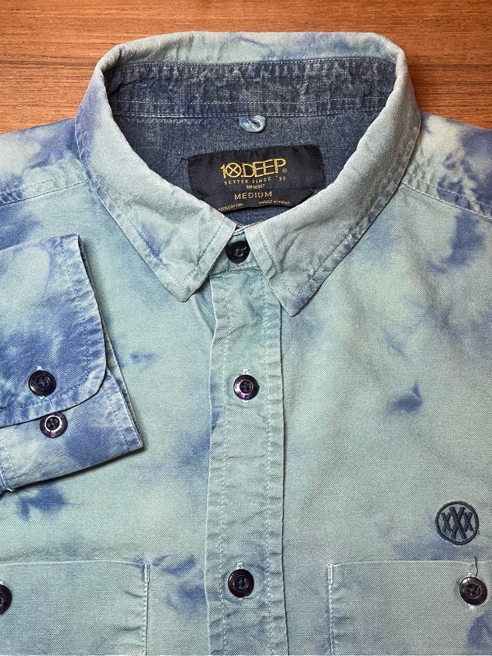 10 Deep Men’s Tie Dye Button Down Shirt M Blue/Green Acid Wash 100% Cotton
